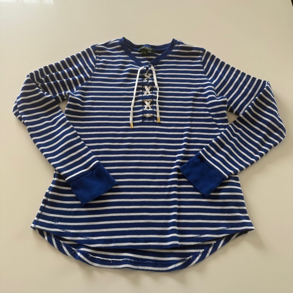 Ralph Lauren-Blue &White Stripe-Nautical-Long Sleeve-Costal- Tie Neck-Size XL